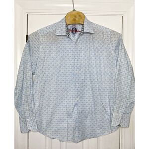 Robert Graham Mens Council Button Front Shirt Blue White Geometric‎ Large